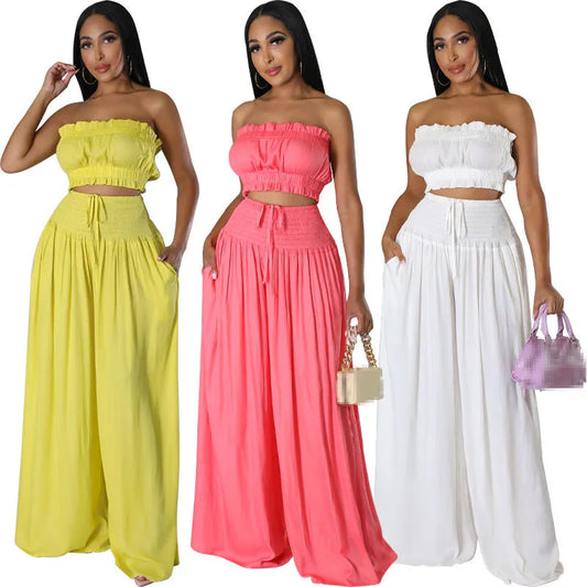 Women's Two Piece Pants Set Summer Casual Matching Outfit Sleeveless Top High Waist Wide Leg Pants