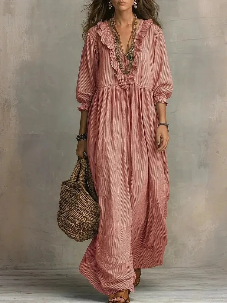 Striped Ruffle Lantern Sleeve Maxi Dress | Wovetsa