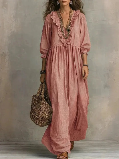 Striped Ruffle Lantern Sleeve Maxi Dress | Wovetsa
