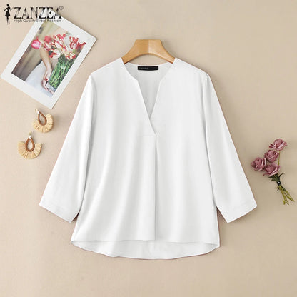 V-Neck 3/4 Sleeve Cotton Blouse | Wovetsa