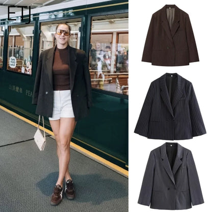 Pinstripe Shoulder-Padded Oversized Blazer | Wovetsa