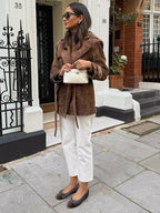 Suede Belt Jackets Women Loose Lapel Double Breasted Long Sleeves Coats Female 2025 Autumn Winter Chic Vintage Street Outwears