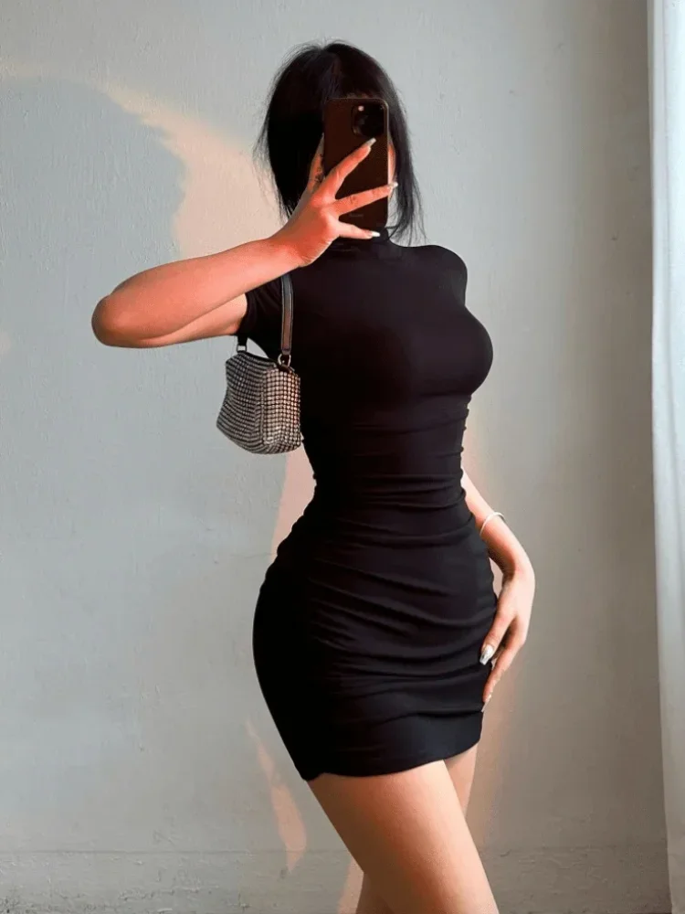 Turtleneck Pleated Waist Mini Dress | Wovetsa