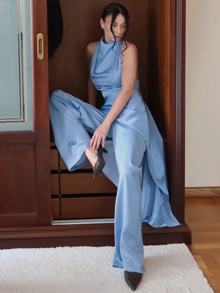 Satin Halter Top & Straight Leg Pant Set | Wovetsa
