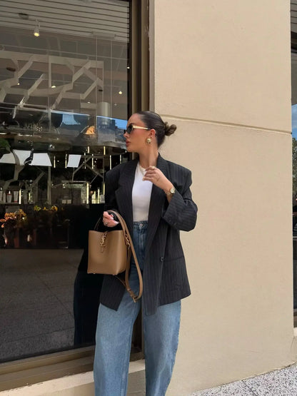 Pinstripe Shoulder-Padded Oversized Blazer | Wovetsa