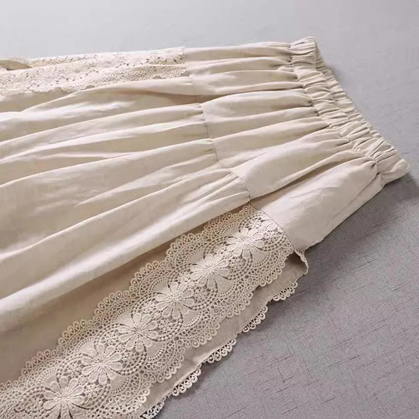 Lace Embroidery Cotton Linen Pleated Skirt | Wovetsa