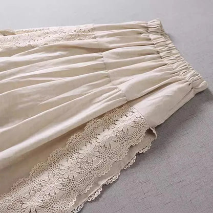 Lace Embroidery Cotton Linen Pleated Skirt | Wovetsa