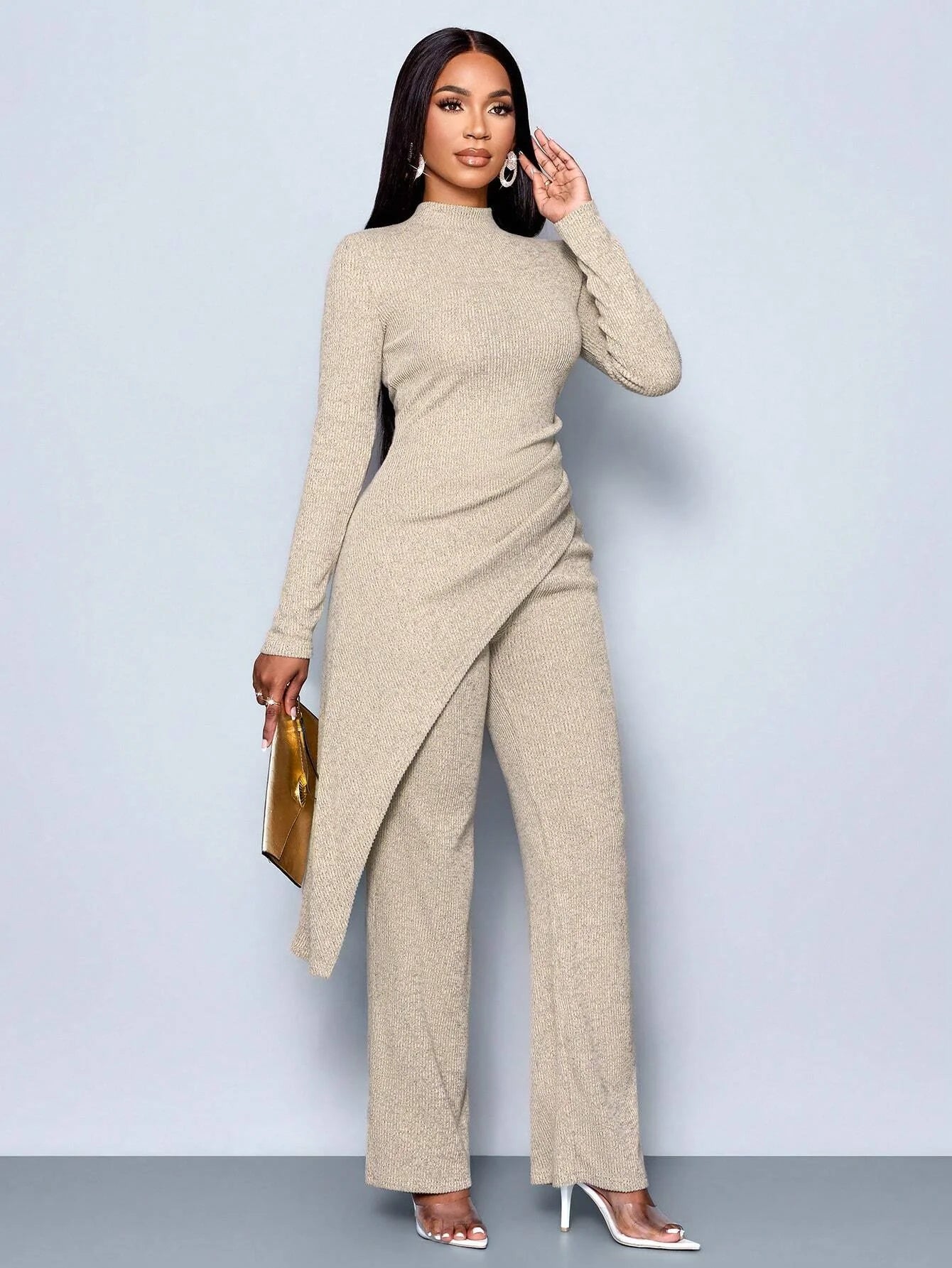 Asymmetric High-Neck Knit Set | Wovetsa