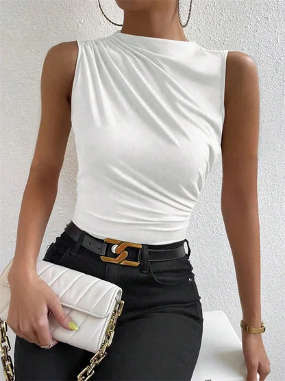 Mock Neck Ruched Sleeveless Tank Top | Wovetsa