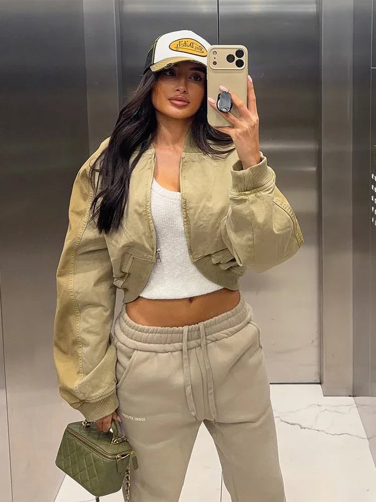 Khaki Lapel Zip Cropped Bomber Jacket | Wovetsa