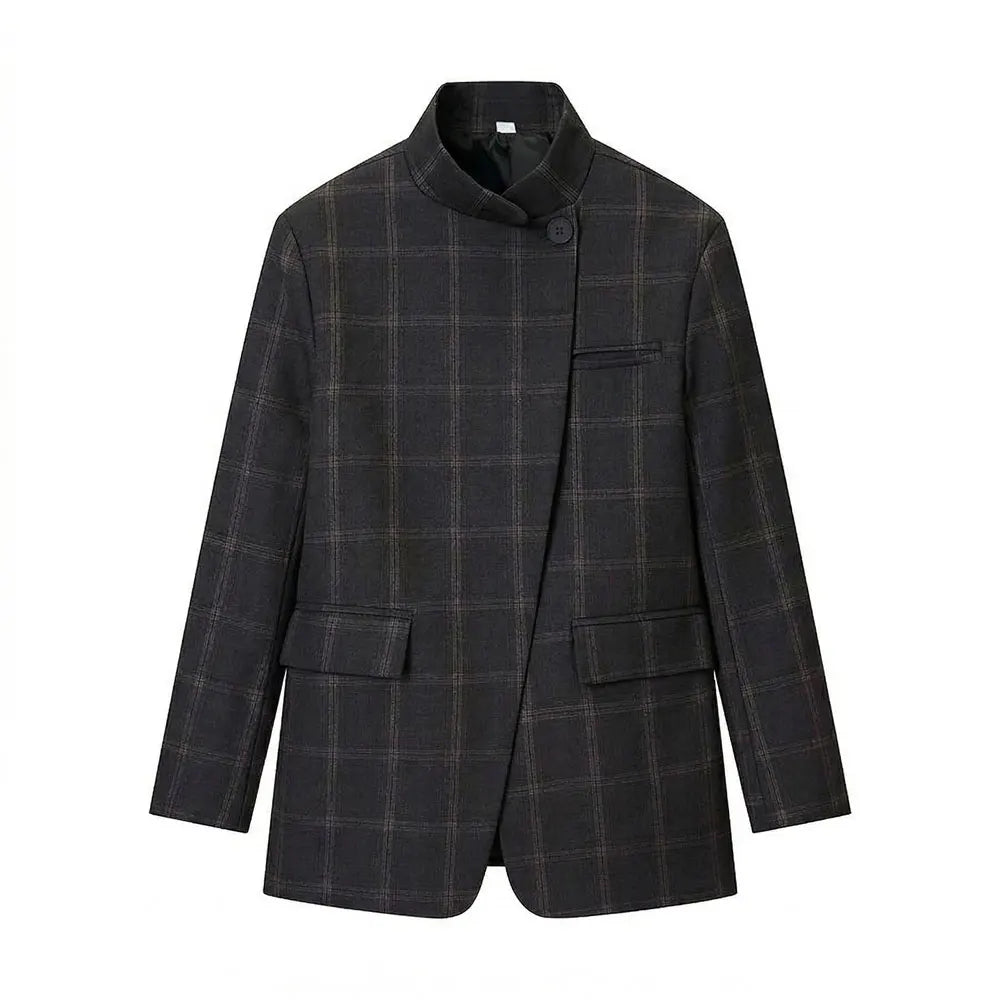 Plaid Stand Collar Blazer | Wovetsa