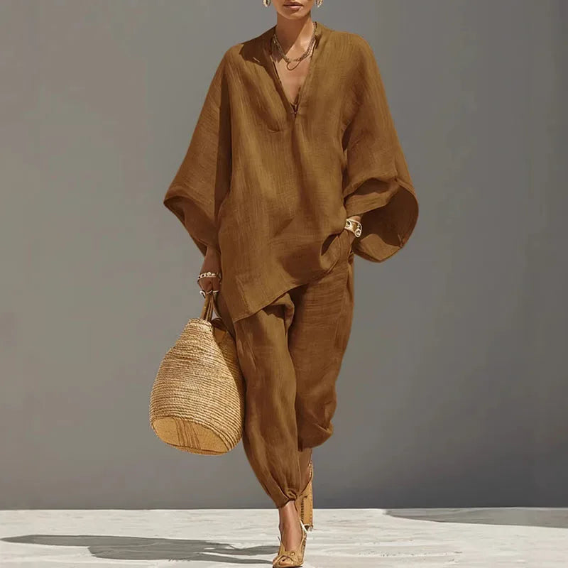 V-Neck Batwing Sleeve Top & Ankle Pants Set | Wovetsa