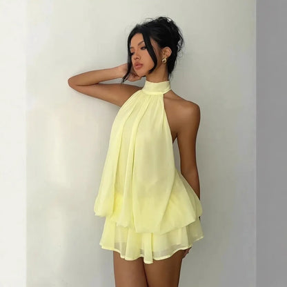 Halter Neck Backless Tie-Front Mini Dress | Wovetsa