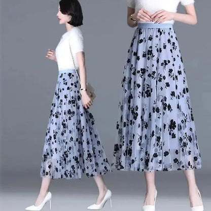 Floral Mesh High Waist A-Line Midi Dress | Wovetsa