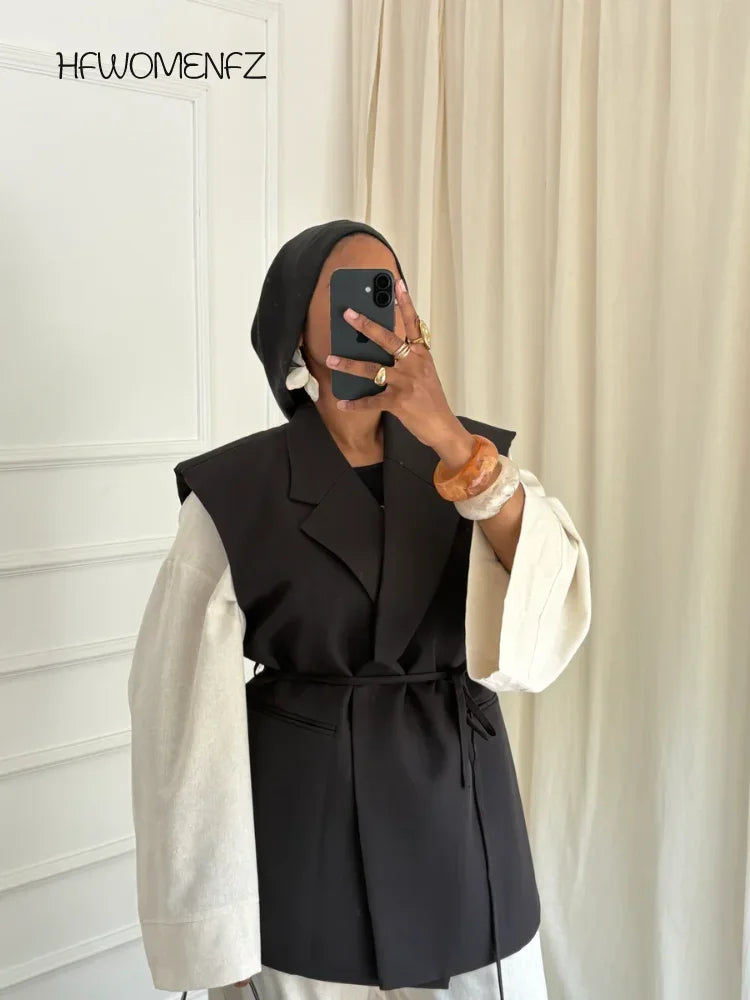Office Sleeveless Lace Up Blazer Women Party Solid Turn-down Collar Button Blazers Female 2026 SPpring Summer Evening Coat Lady