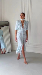 Elegant Lace Trimmed Printed Dress Women Chic Deep V-neck Waist Cinching Split Short Sleeve Maxi Dress Lady Party Vestidos 2026