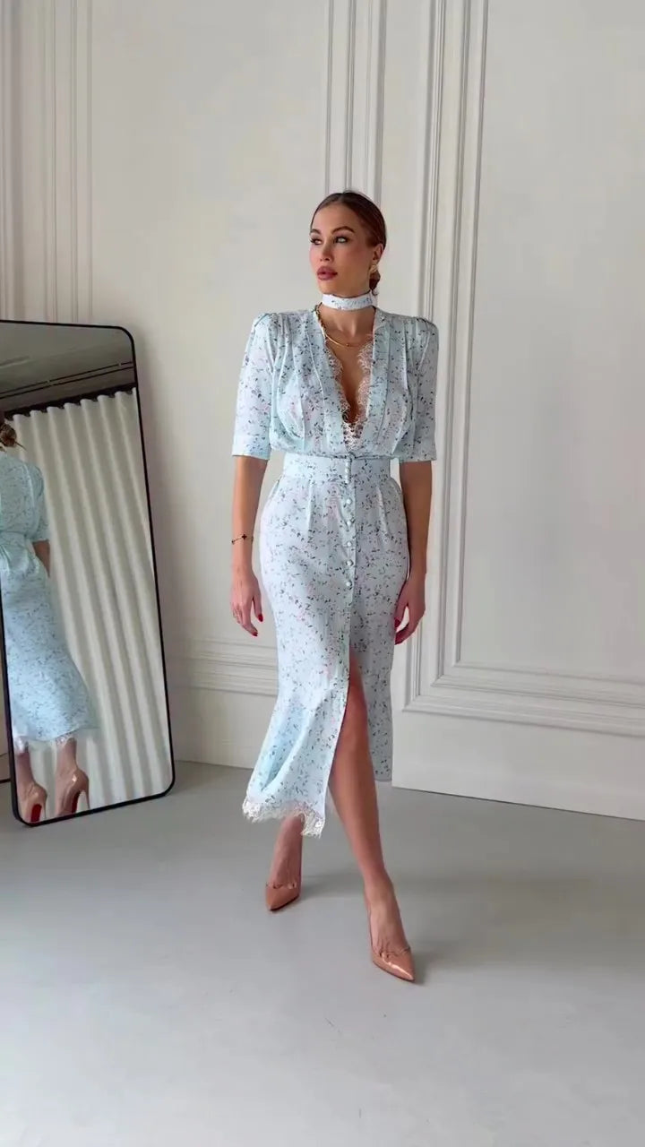 Elegant Lace Trimmed Printed Dress Women Chic Deep V-neck Waist Cinching Split Short Sleeve Maxi Dress Lady Party Vestidos 2026