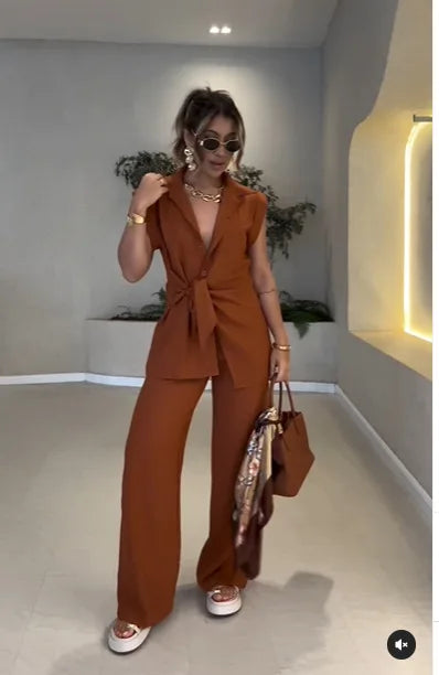 Sleeveless Shirt & Wide-Leg Pant Set | Wovetsa