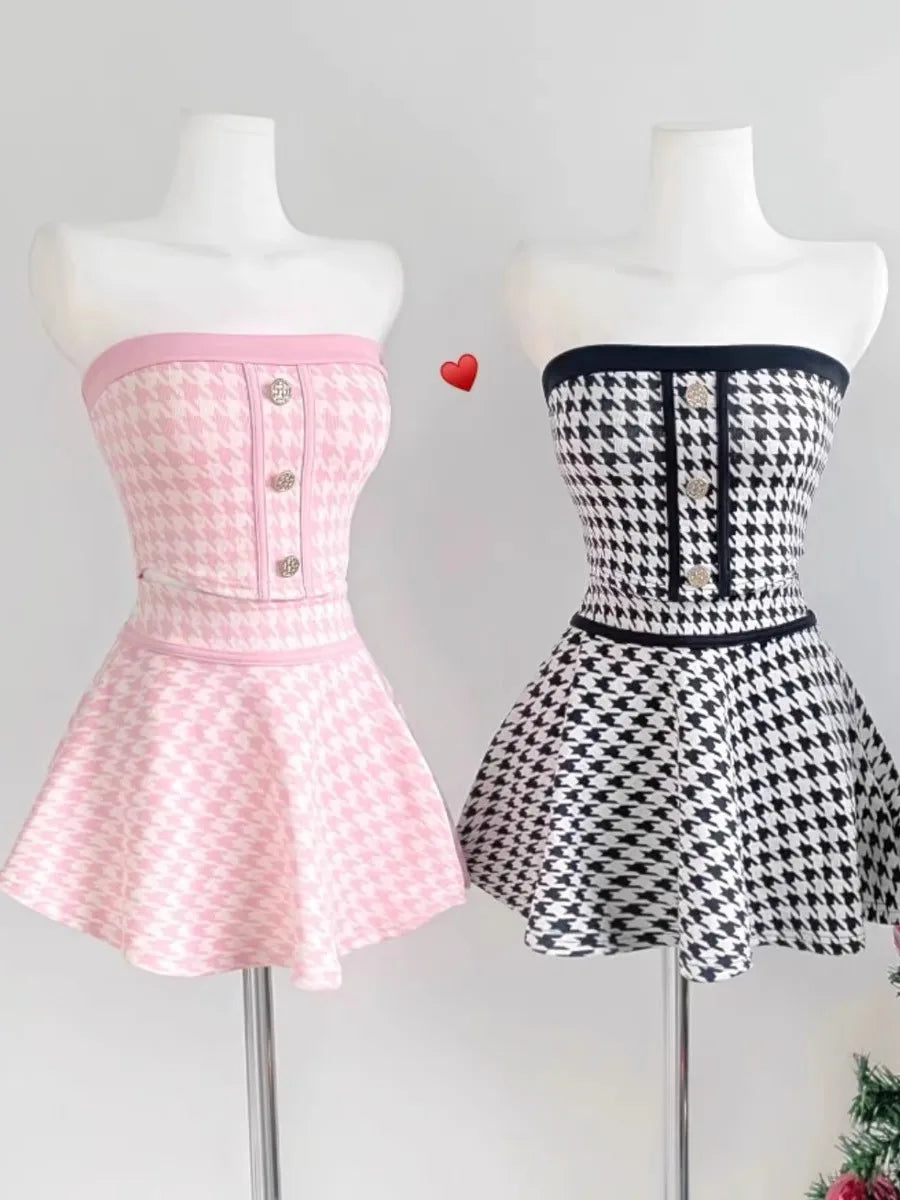 Dongda Gate New Style Women's Fashion Set Pure Desire Shoulder Bared Tube Top Vest High Waist Short Skirt Polyester Fiber