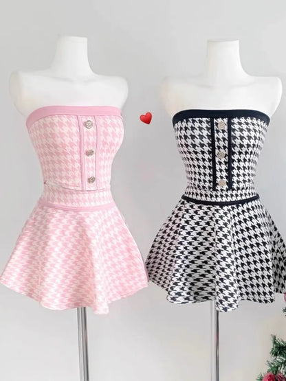 Dongda Gate New Style Women's Fashion Set Pure Desire Shoulder Bared Tube Top Vest High Waist Short Skirt Polyester Fiber