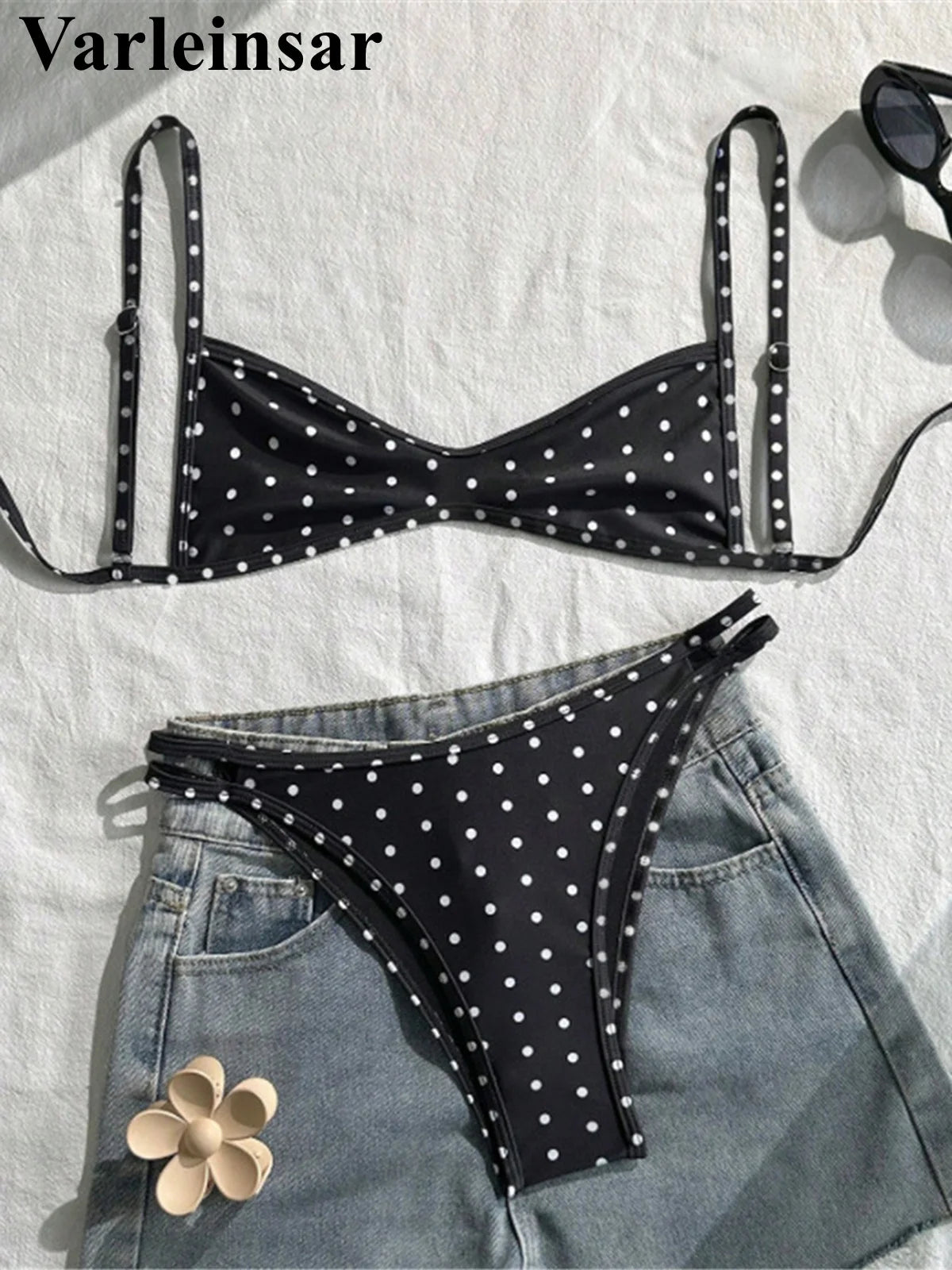 Polka Dot V-Neck High-Leg Bikini Set | Wovetsa