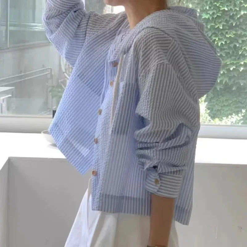 Stripe Contrast Hooded Shirt | Wovetsa