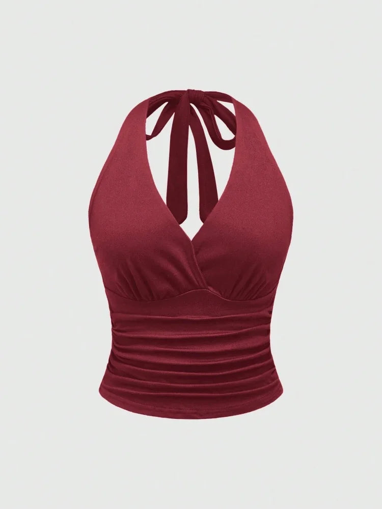 Y2K Backless Halter Ruched Crop Top | Wovetsa
