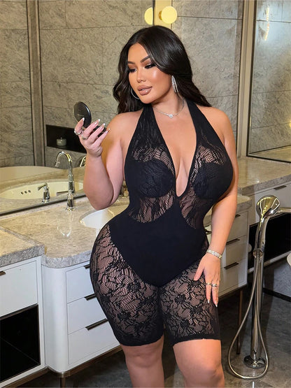 Lace Halter Hollow-Out Mesh Romper | Wovetsa