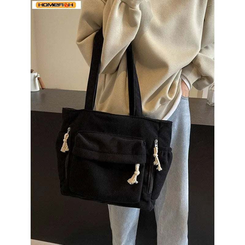 Corduroy Multi-Pocket Shoulder Tote Bag | Wovetsa