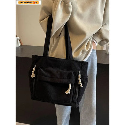 Corduroy Multi-Pocket Shoulder Tote Bag | Wovetsa