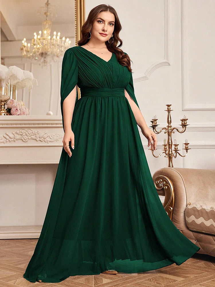 Plus Size V-Neck Flare Sleeve Formal Maxi Dress | Wovetsa
