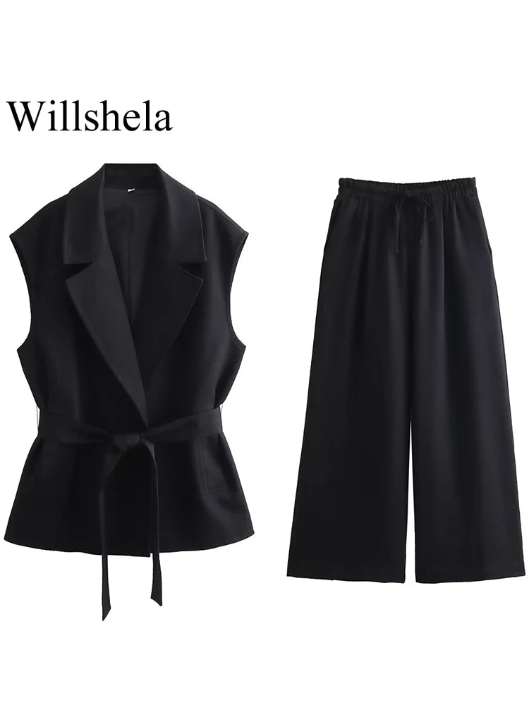 Women's Tailored Two Piece Set – V-Neck Vest & Wide Leg Pants