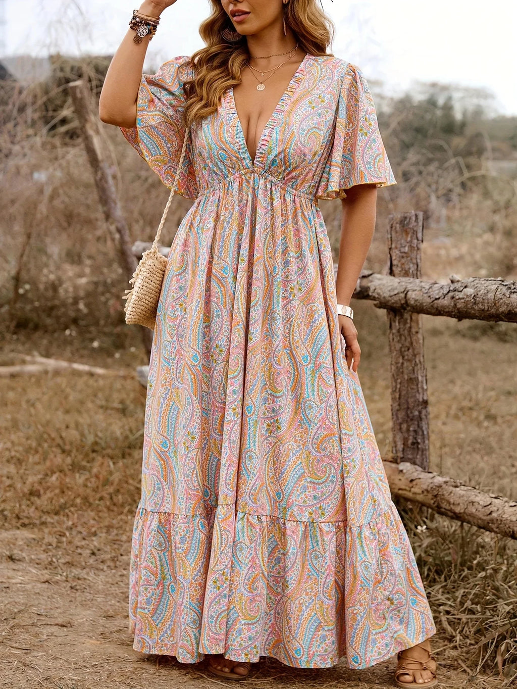 Plus Size Paisley Print Butterfly Sleeve Maxi Dress | Wovetsa