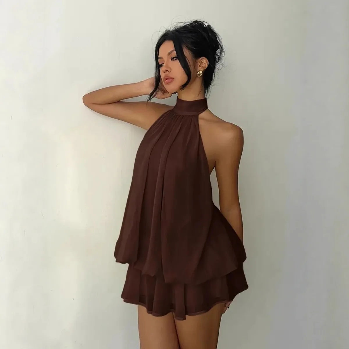 Halter Neck Backless Tie-Front Mini Dress | Wovetsa
