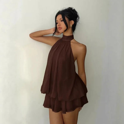 Halter Neck Backless Tie-Front Mini Dress | Wovetsa