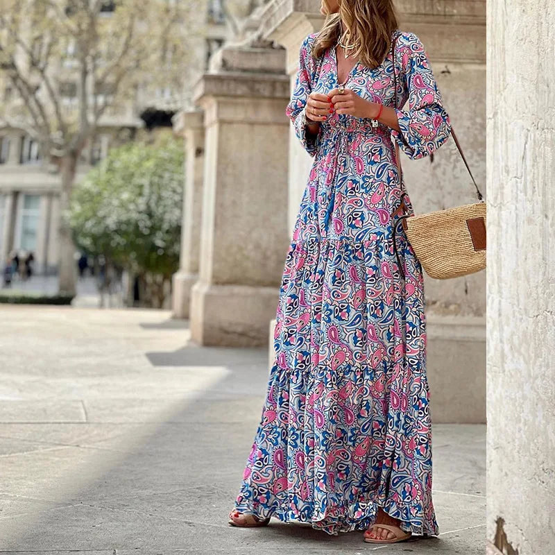 Printed V-Neck Bohemian Maxi Dress | Wovetsa
