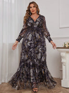 Plus Size Floral V-Neck Lantern Sleeve Maxi Dress | Wovetsa