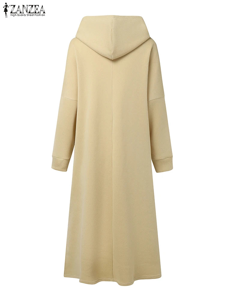 Plus Size 5XL ZANZEA Women Fashion Sweatshirt Dresses Autumn Long Sleeve Hooded Robe Solid Casual Loose Pockets Long Vestidos