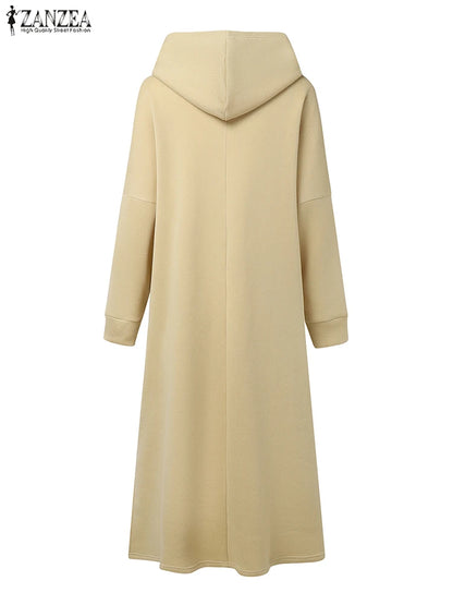Plus Size 5XL ZANZEA Women Fashion Sweatshirt Dresses Autumn Long Sleeve Hooded Robe Solid Casual Loose Pockets Long Vestidos