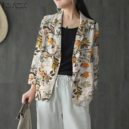 Floral Print Cotton Lapel Blazer Loose Fit | Wovetsa