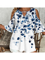 Plus Size Leaf Print Off-Shoulder Hollow-Out Top | Wovetsa