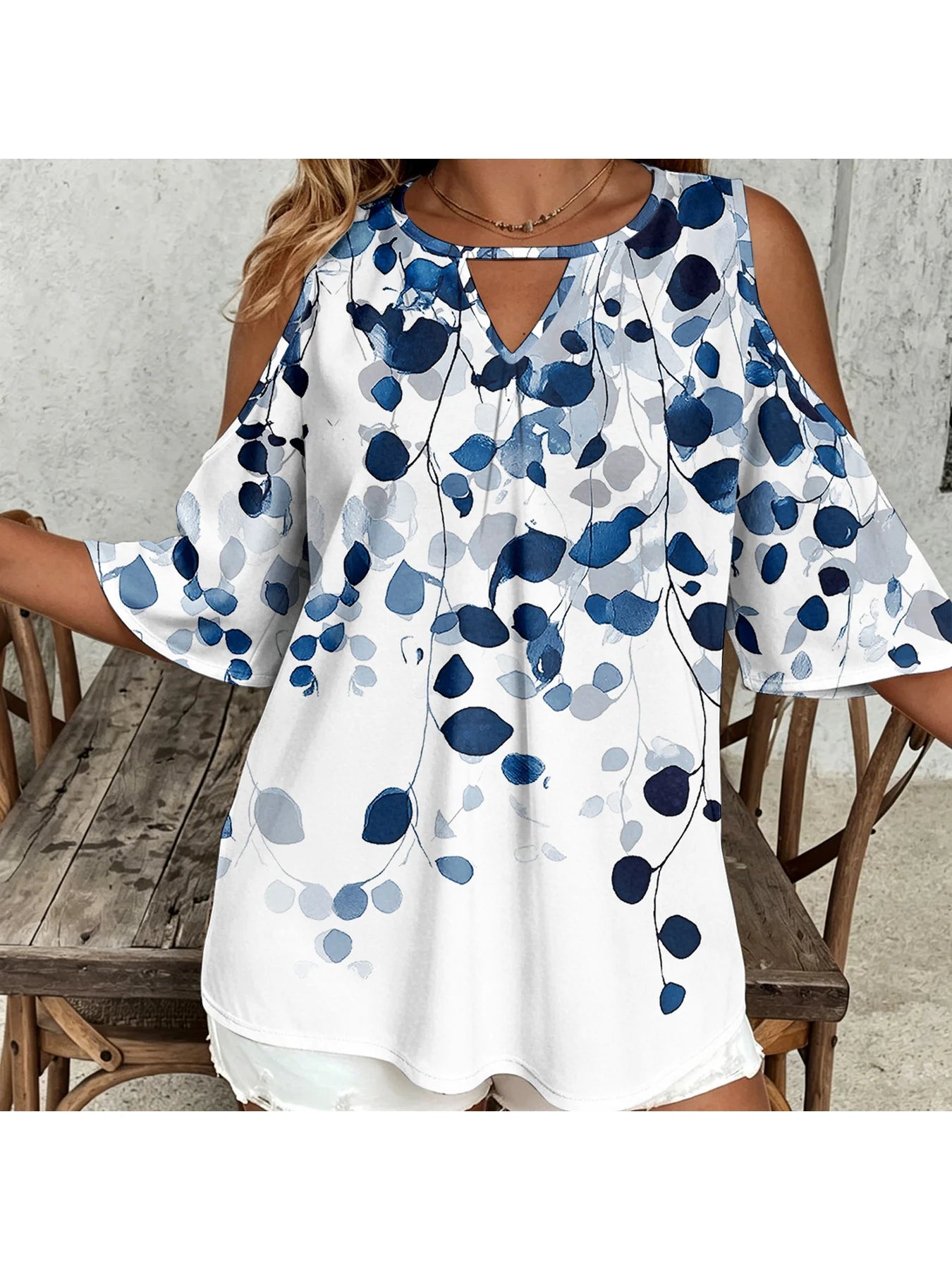 Plus Size Leaf Print Off-Shoulder Hollow-Out Top | Wovetsa