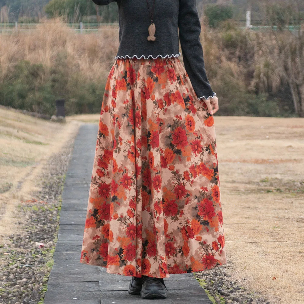 Bohemian Floral Print Cotton Linen Maxi Skirt | Wovetsa