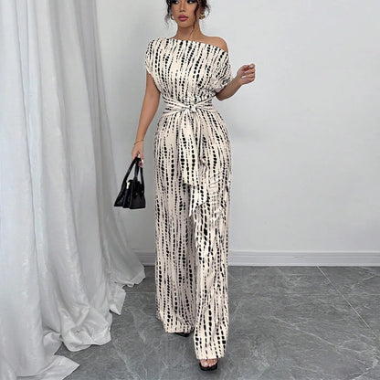 Printed Short-Sleeve Wide-Leg Jumpsuit | Wovetsa