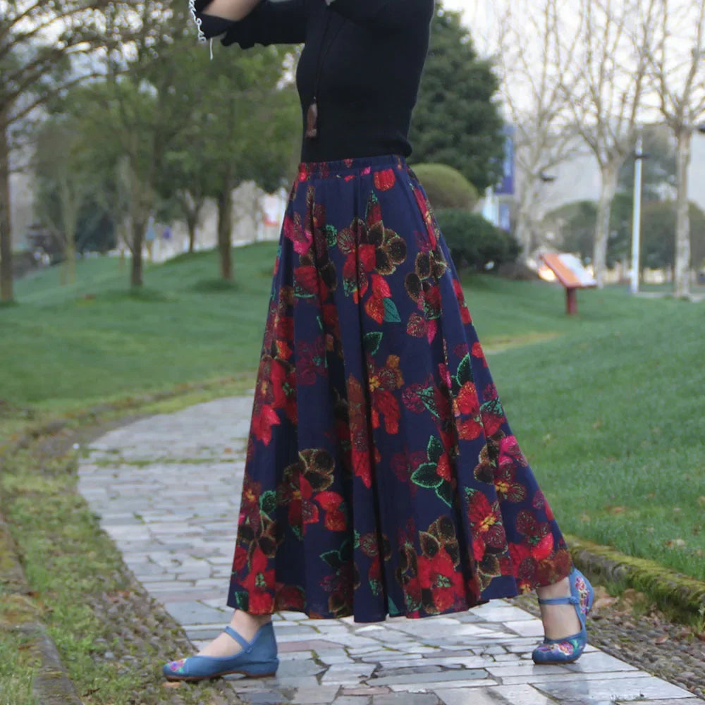 Bohemian Floral Print Cotton Linen Maxi Skirt | Wovetsa