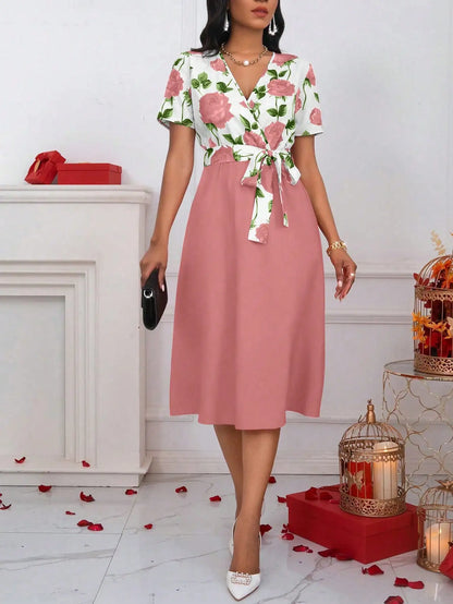 Women's Floral Print V-Neck Tie Waist Midi Dress | Wovetsa