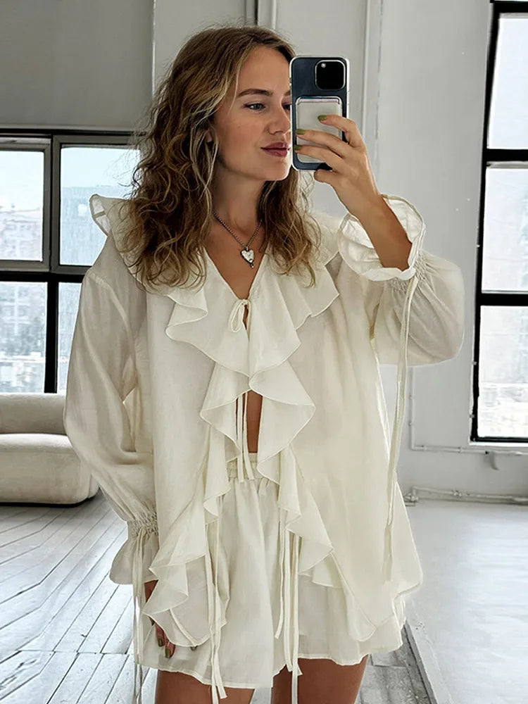 Flare Sleeve Lace-Up Shirt & High Waist Shorts Set | Wovetsa