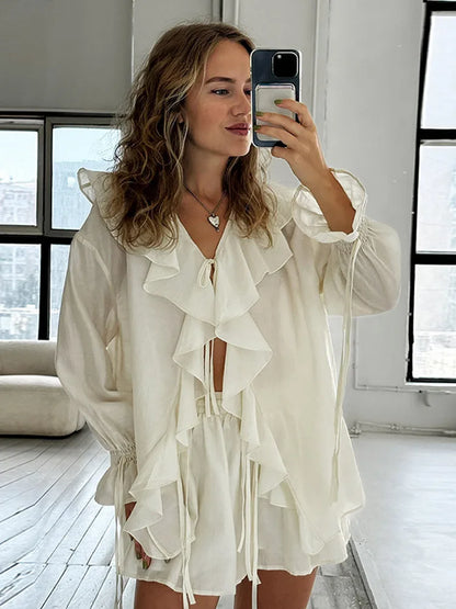 Flare Sleeve Lace-Up Shirt & High Waist Shorts Set | Wovetsa
