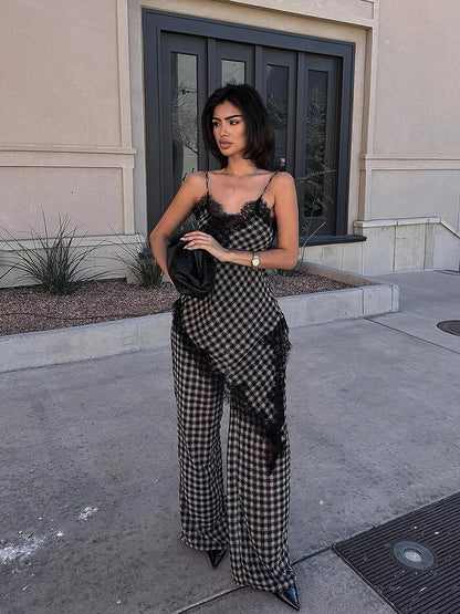 Plaid Lace Spliced Women's 2-Piece Sets Chic Irregular Off Shoulder Sleeveless Backless Top Wide Leg Pants 2026 Summer Women Set