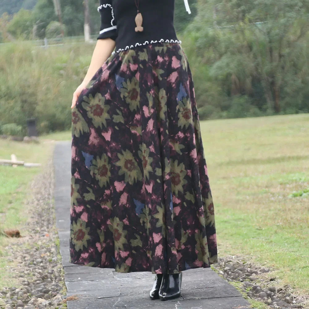 Bohemian Floral Print Cotton Linen Maxi Skirt | Wovetsa